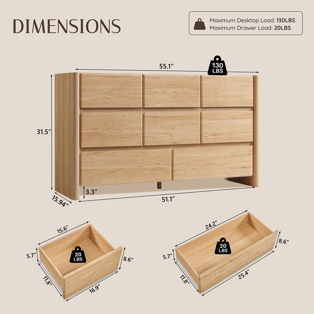 Modern 8-Drawer Dresser Suitable for Bedroom & Living Room - 55" Wide Solid Frame MDF Chest of Drawers with Wood, Rounded Corners, Ample Storage, Assembly Required (Space-Saving for Narrow Rooms)