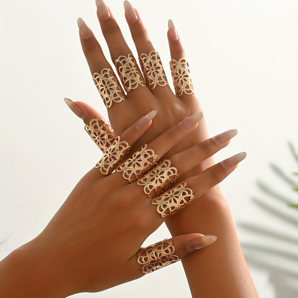10pcs Set of Women'S Fashion Open Rings, Wide Band Hollow Floral Open Rings, Fashionable Temperament Ethnic Style, Women'S Daily Party Matching Wear
