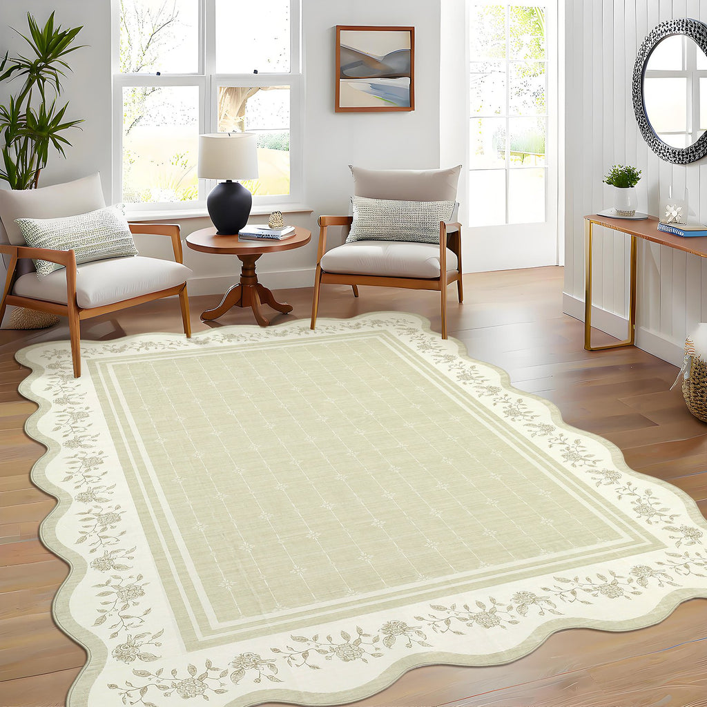 Minimalist Geometry Decor Area Rug, Washable Thin Non-Shedding Entrance Runner Rug, Modern Easy-To-Clean Printed Rug, Soft Low Pile Non-Slip Carpet with Border, Mat for Living Rooms, Bedrooms, Malls, Cafes, Yards, RV Camping, And Picnics, Beige