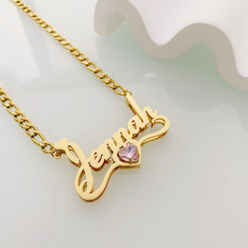Customized Personalized Name Earrings And Necklace Set - Featuring Personalized Letters And Pink Heart-Shaped Birthstone Pendants, with 17 Font Options to Meet Your Diverse Language Needs - KC Gold-Plated Exquisite Women'S Jewelry