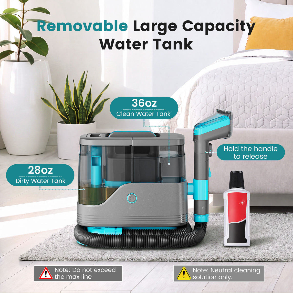 Portable Carpet Cleaner Machine, 14, 000Pa Powerful Suction Upholstery Spot Cleaner with 15.7FT Power Cord & 4FT Hose, Dual Water Tanks, Includes 2 Wide Brushes, Shoe Brush & Fabric Cleaning Solution for Pet Stains, Couch, Rugs