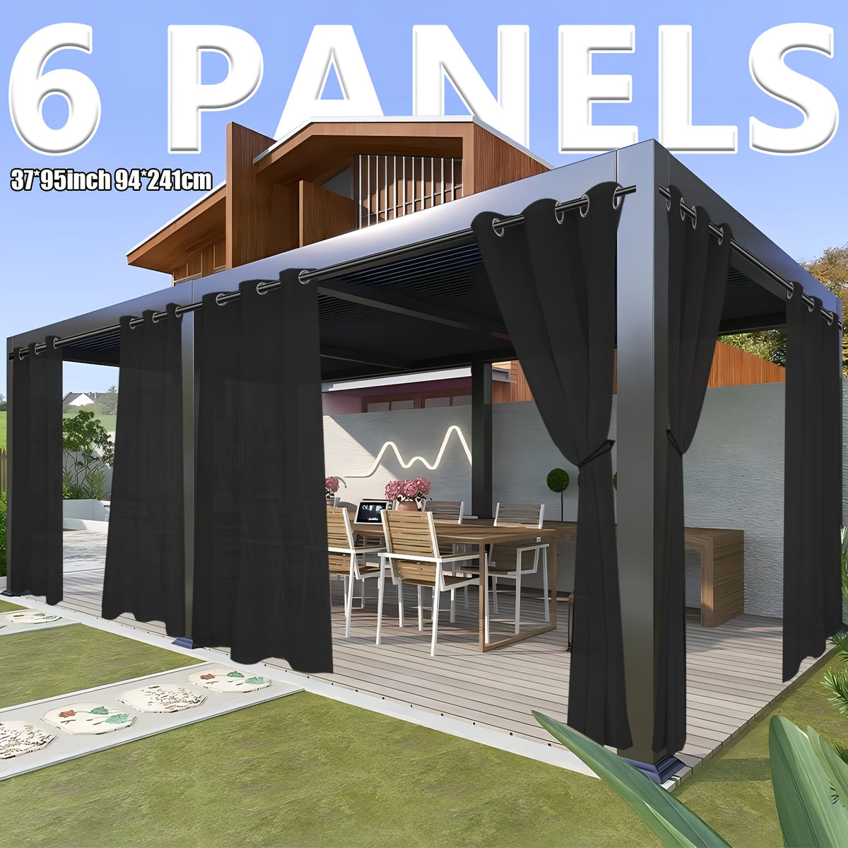 6pcs Modern Waterproof Outdoor Curtain Panels - Light Filtering Privacy Drapes with Grommet Top, Semi- Panels Suitable for Patio, Porch, Gazebo - - Machine Washable Soft Polyester/Nylon