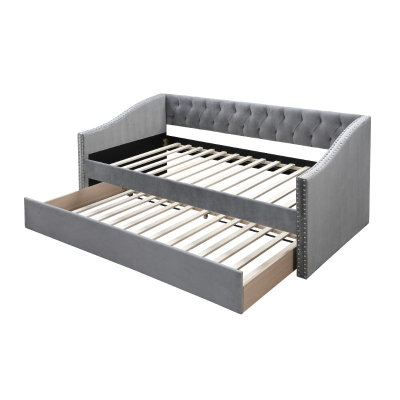1pc Day Bed with Slat Trundle Button Tufted Nailhead Trim Gray End Bedroom Furniture. Easy to Assemble. Mattress Not Included