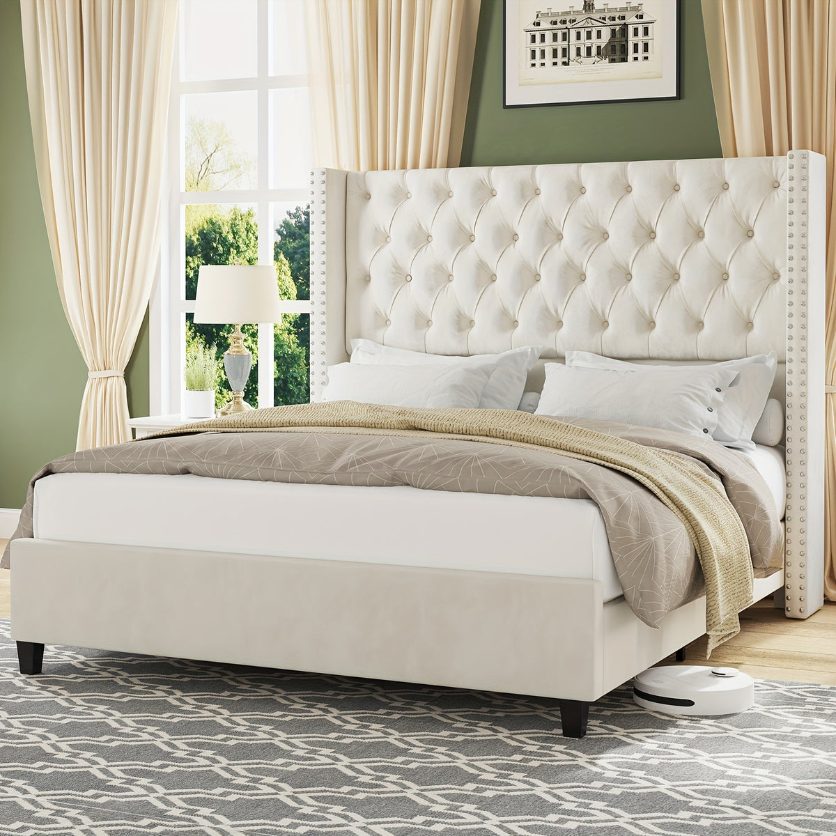 Papajet Fabric Bed Frame with a 51.6" Wingback Headboard Featuring Velvet Material, Deep Button Tufting, And Nail Head Detailing.