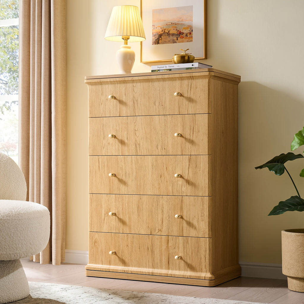 Modern Chest Of Drawer for Bedroom, Wood Dressers with Curved Waterfall Edge, Metal Handle