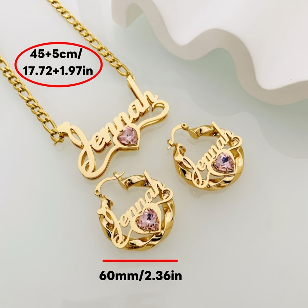 Customized Personalized Name Earrings And Necklace Set - Featuring Personalized Letters And Pink Heart-Shaped Birthstone Pendants, with 17 Font Options to Meet Your Diverse Language Needs - KC Gold-Plated Exquisite Women'S Jewelry