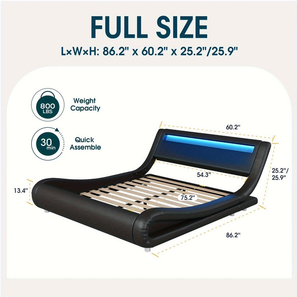Modern Queen Bed Frame With RGBW LED Lights Headboard, Low Profile Upholstered Platform Sleigh Design, Strong Wood Slats Support, No Box Spring Needed
