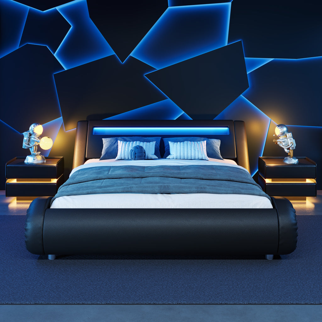 Modern Queen Bed Frame With RGBW LED Lights Headboard, Low Profile Upholstered Platform Sleigh Design, Strong Wood Slats Support, No Box Spring Needed