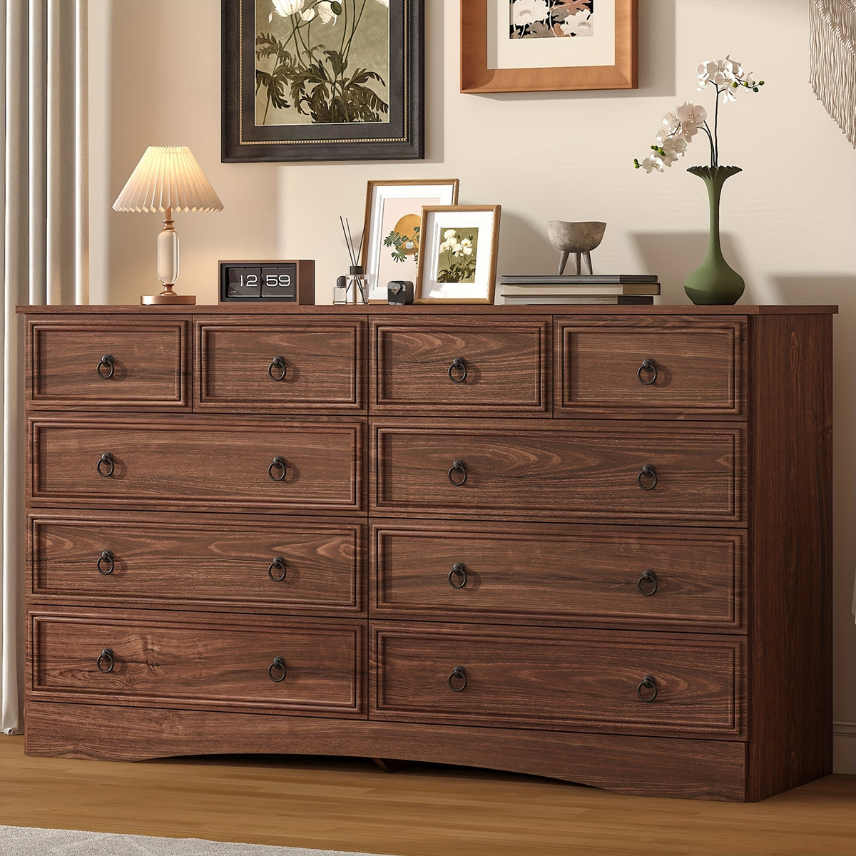 Prompt Taupe Grey/ Cherry Dresser For Bedroom, 10 Drawer Dresser, Modern Large Floor Storage Cabinet With Metal Sliding Rail, Vintage Handle Drawer Cabinet, Large Capacity Vertical Dressers For Home & Office