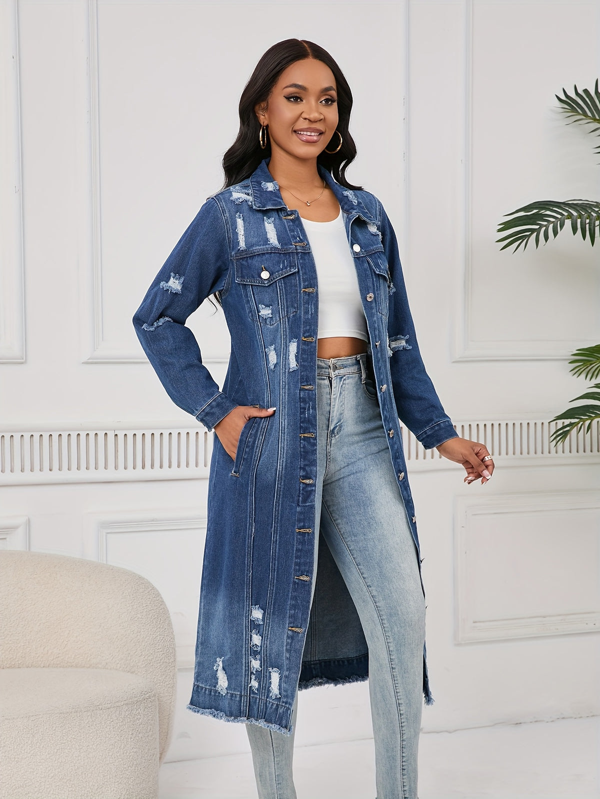 Long Distressed Denim Duster Jacket | Ripped Jean Trench Coat | Casual Button- Denim Outerwear for Women 2026