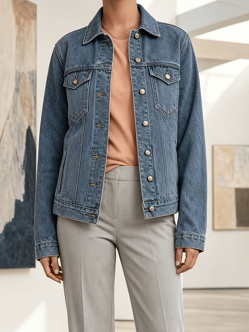 Women'S Cropped Denim Jacket Button-Up Long Sleeve Casual Jean Jacket Spring Fall Winter Outerwear