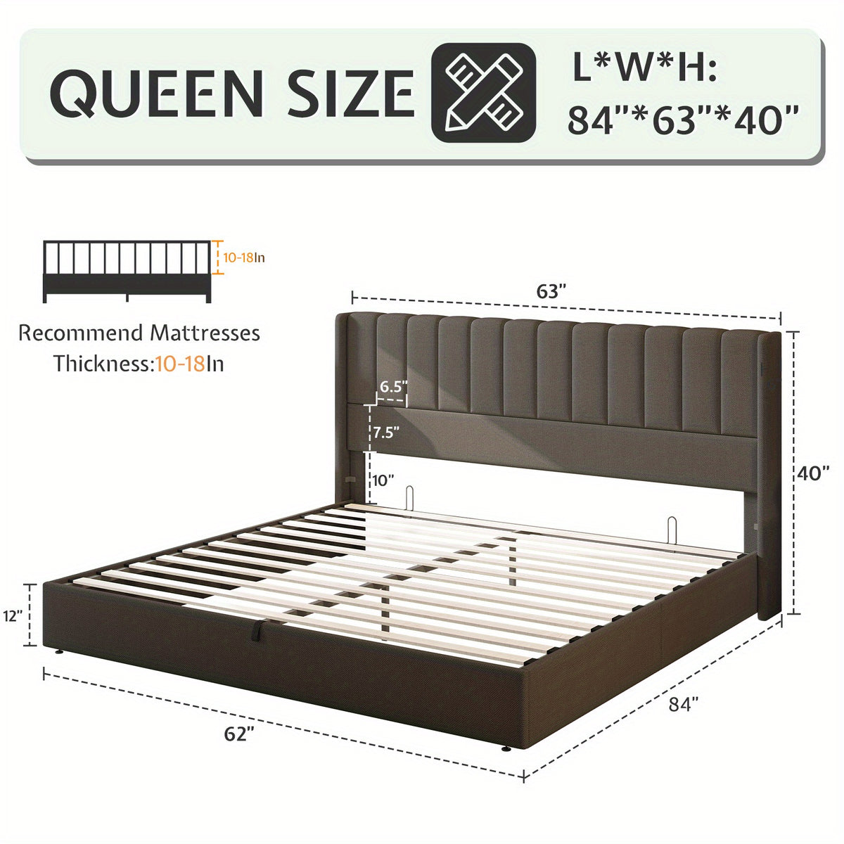 Hydraulic Lift Queen/King Bed - Upholstered Vertical Tufted Headboard, Large Underbed Storage, Sturdy Wood Slats, Space-Saving Bed Frame