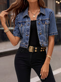 Women'S Denim Jacket, Deep Blue Regular Fit Short Length Washed Vintage Style Short Denim Jacket
