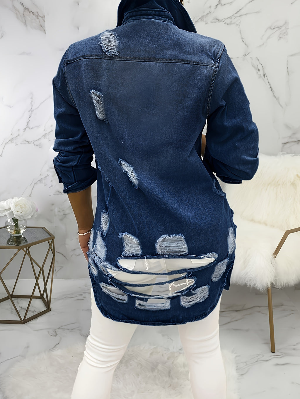 Women'S Denim Jacket, Distressed Ripped Button-Up Sexy Style, Casual Long Sleeve Jean Outerwear