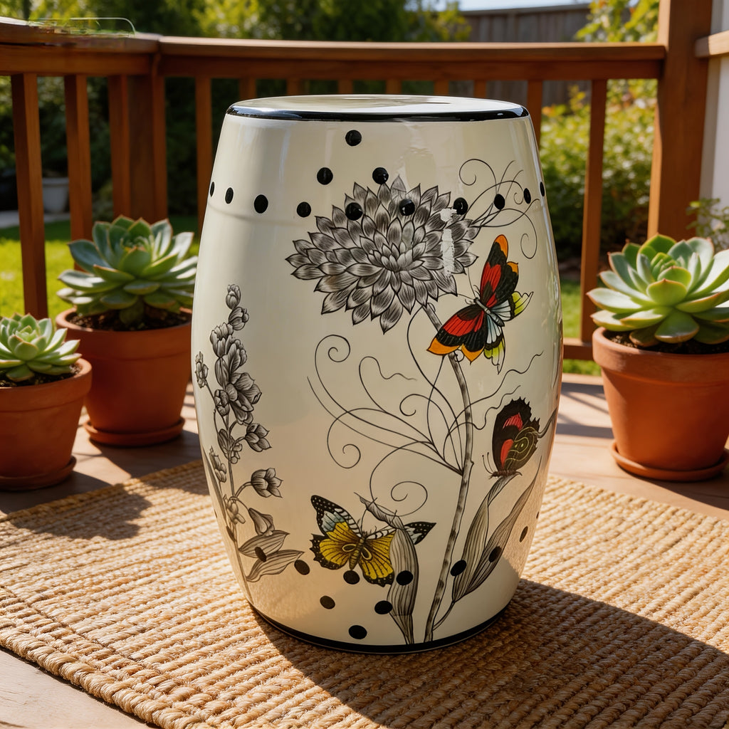 Handmade Butterfly for Lotus Ceramic Stool Chinese Style Decorative Stool, Can Be Used As A Plant Stand, Garden Stool, Side Table