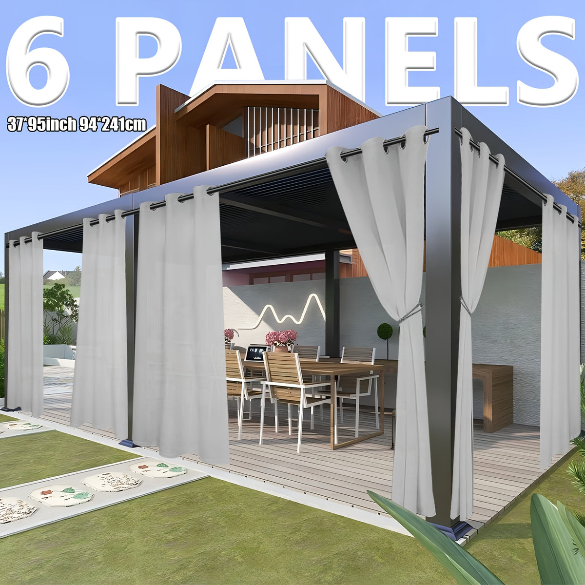 6pcs Modern Waterproof Outdoor Curtain Panels - Light Filtering Privacy Drapes with Grommet Top, Semi- Panels Suitable for Patio, Porch, Gazebo - - Machine Washable Soft Polyester/Nylon