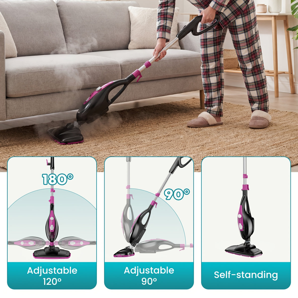 10in1 Steam Mop, 1550W Detachable Handheld Floor Cleaner with 16ft Power Cord 2 Washable Pads for Hardwood Tile Carpet and More
