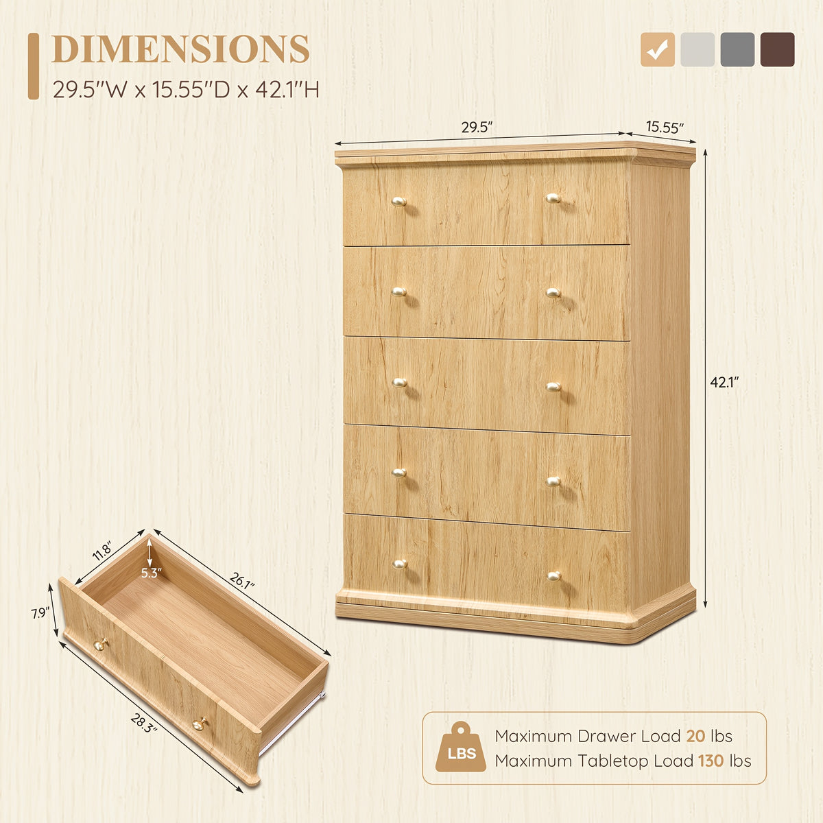 Modern Chest Of Drawer for Bedroom, Wood Dressers with Curved Waterfall Edge, Metal Handle