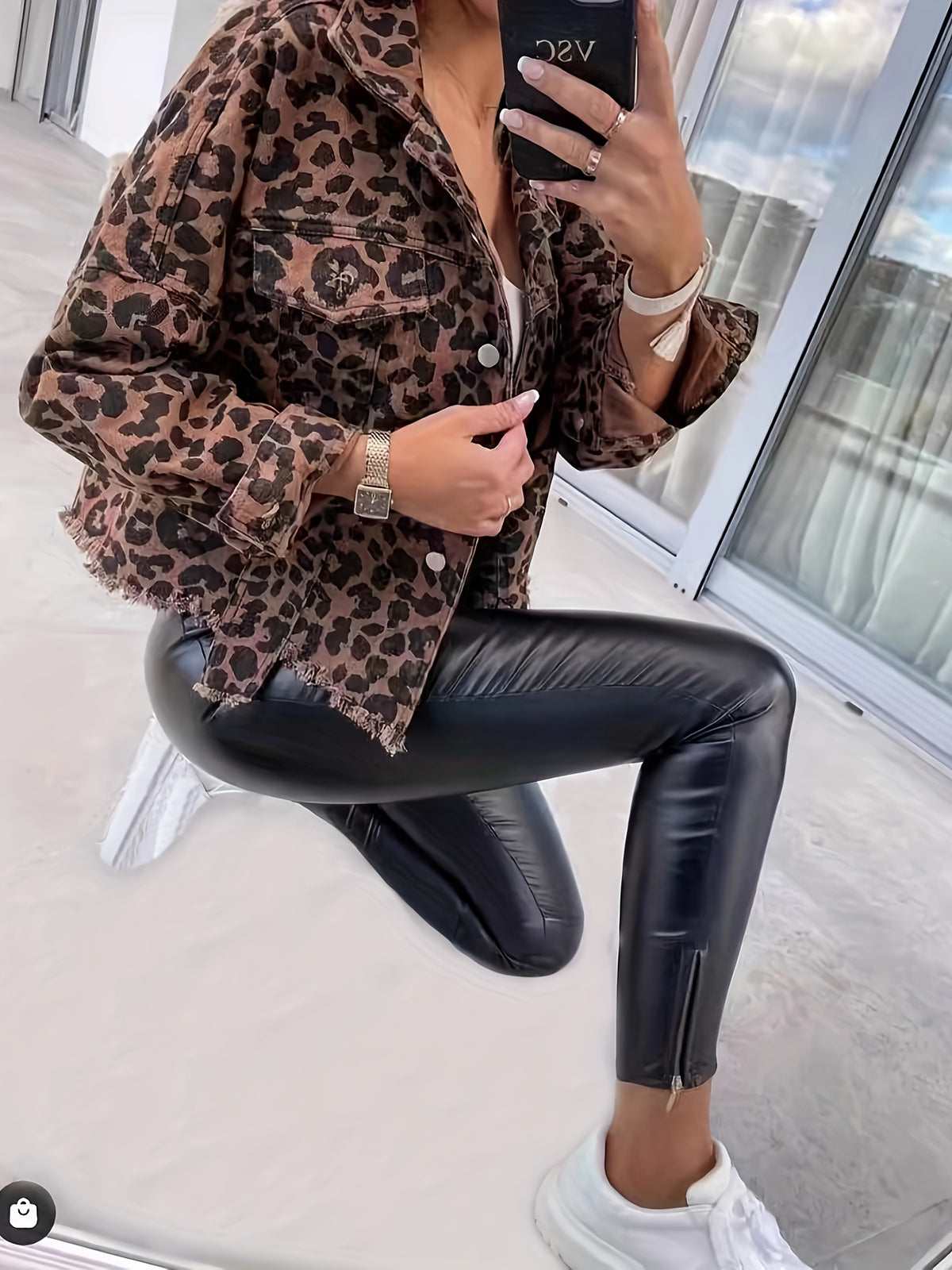 New Denim Leopard Print Long-Sleeve Short Loose Casual Jacket