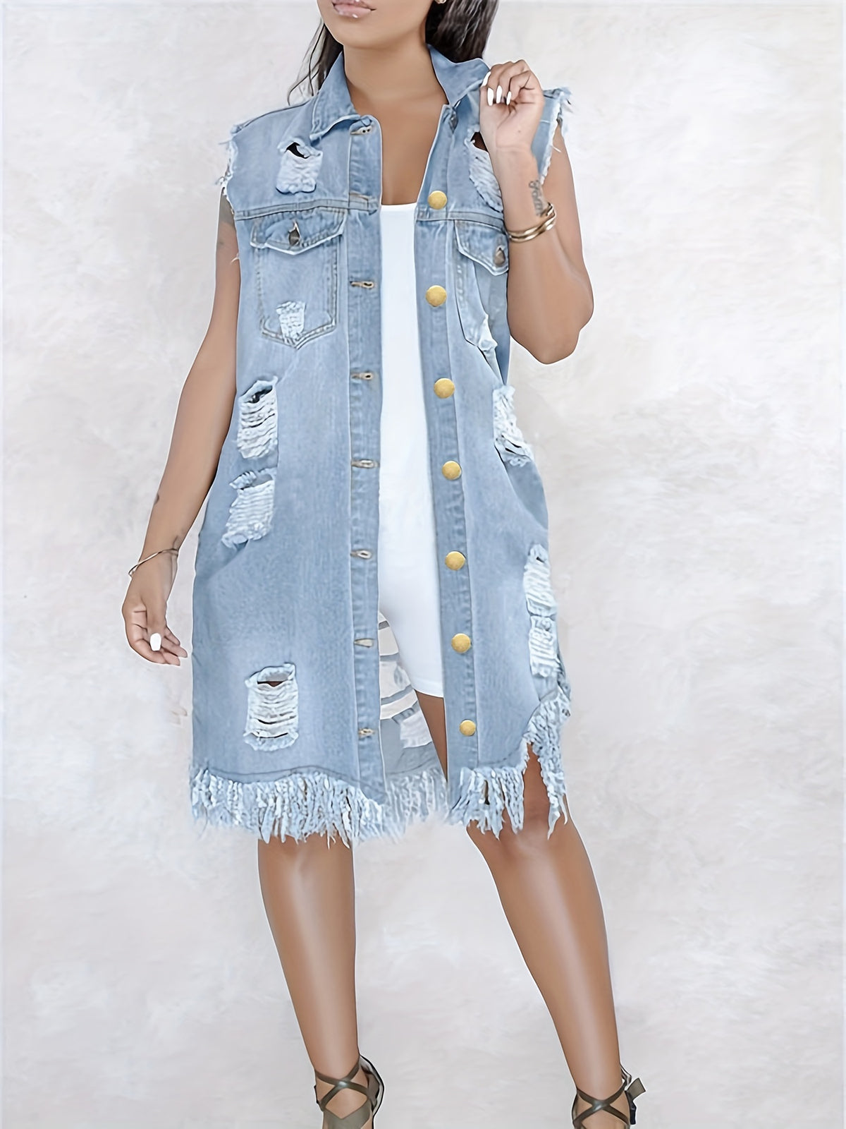Women Vintage Denim Coat Sleeveless Button Distressed Short Jean Jacket Coat with Pocket Vintage Streetwear Denim Vest for Women
