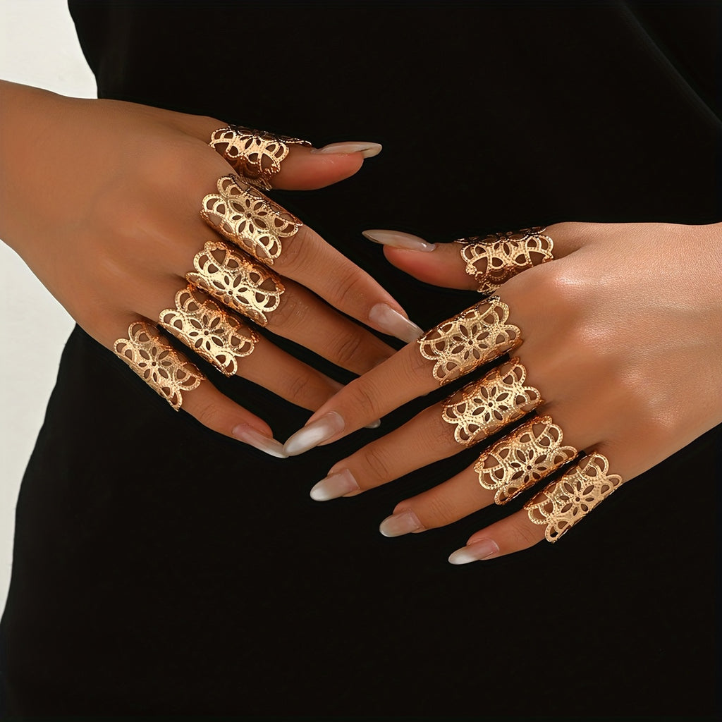 10pcs Set of Women'S Fashion Open Rings, Wide Band Hollow Floral Open Rings, Fashionable Temperament Ethnic Style, Women'S Daily Party Matching Wear