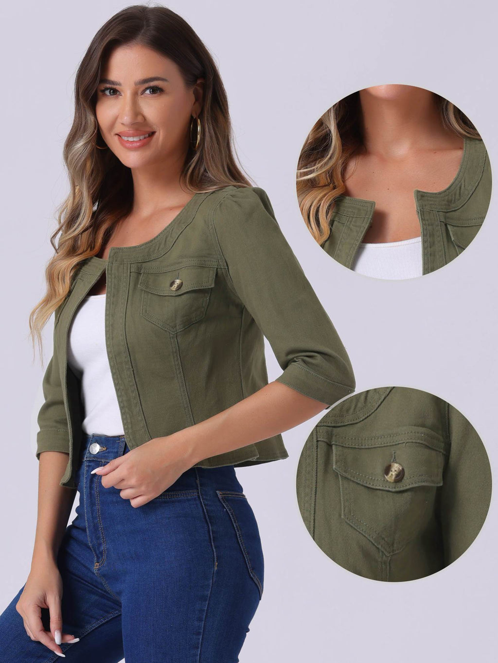 Denim Jacket for Women' S Collarless Cardigan 3/4 Sleeve Crop Jean Jackets