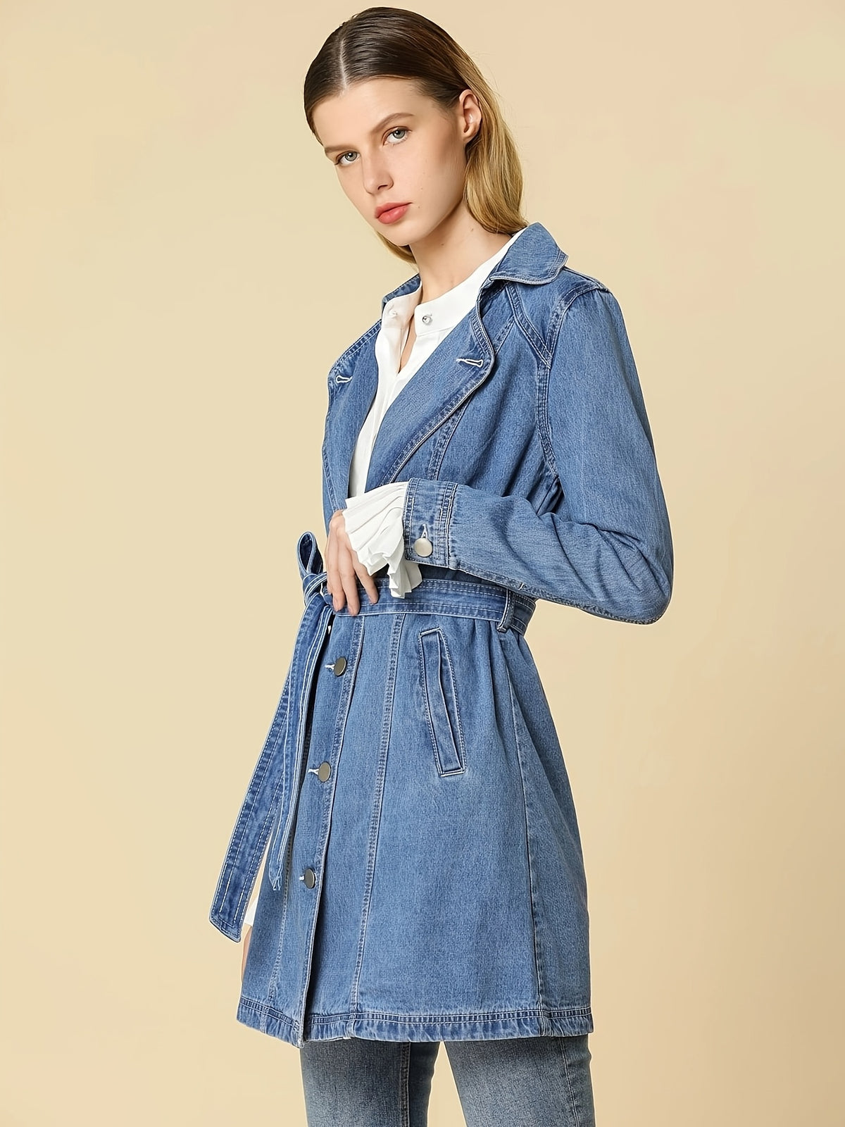 Trench Jean jackets Notched Lapel Long Denim Jacket
