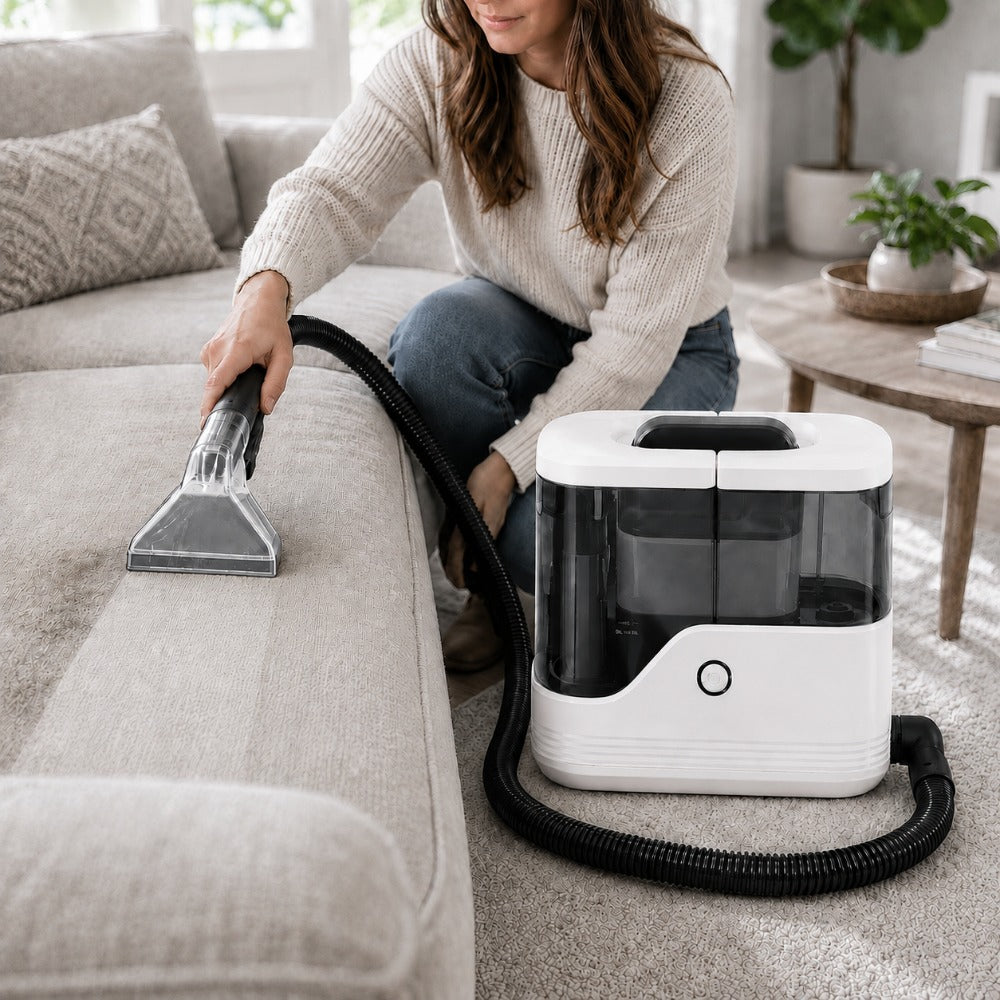Portable Carpet Cleaner Machine, 14, 000Pa Powerful Suction Upholstery Spot Cleaner with 15.7FT Power Cord & 4FT Hose, Dual Water Tanks, Includes 2 Wide Brushes, Shoe Brush & Fabric Cleaning Solution for Pet Stains, Couch, Rugs