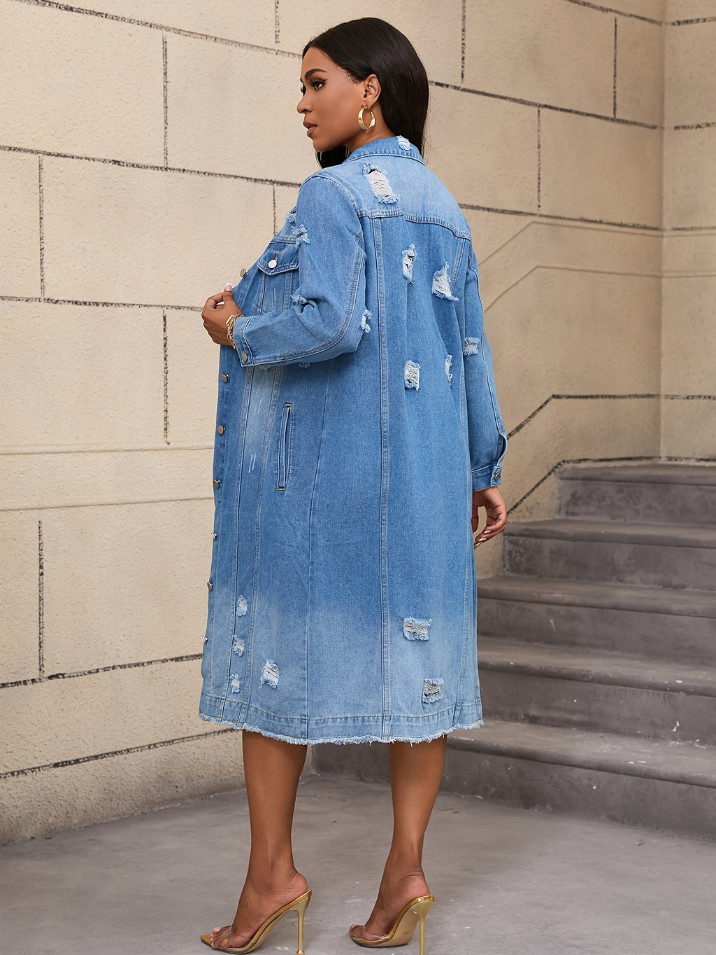 Long Distressed Denim Duster Jacket | Ripped Jean Trench Coat | Casual Button- Denim Outerwear for Women 2026
