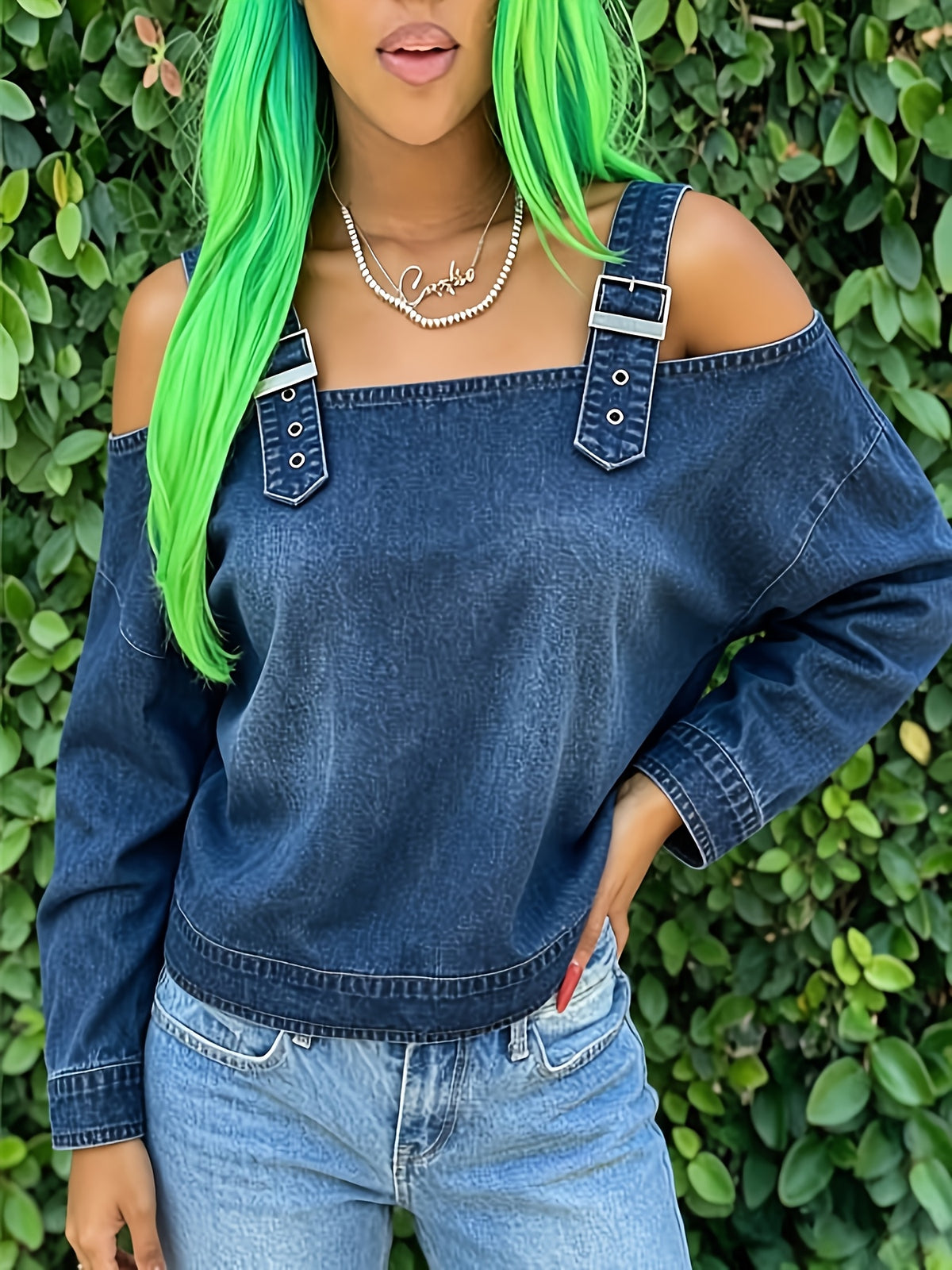 Women's Off Shoulder Denim Top, Buckle Strap Long Sleeve Casual Washed Denim Blouse, Street Style Lo Fit Party Daily Wear Tops