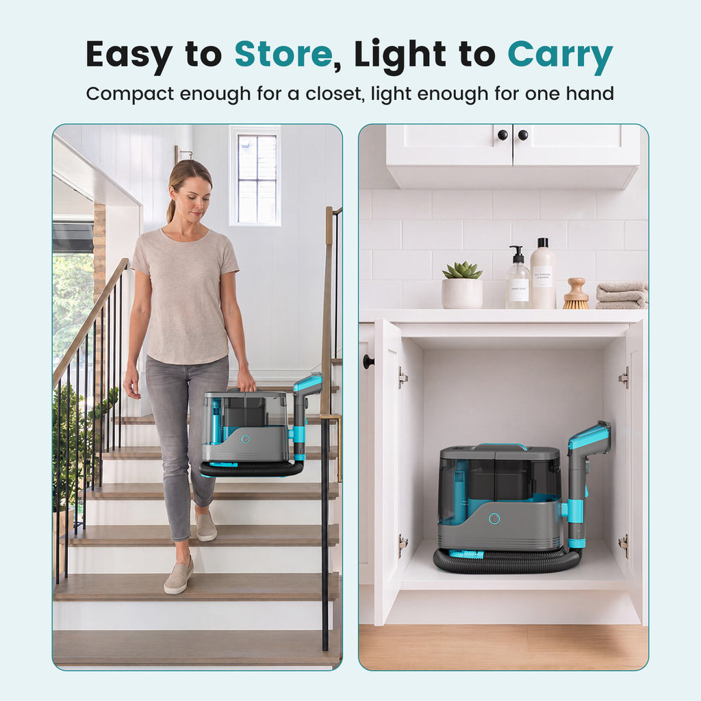 Portable Carpet Cleaner Machine, 14, 000Pa Powerful Suction Upholstery Spot Cleaner with 15.7FT Power Cord & 4FT Hose, Dual Water Tanks, Includes 2 Wide Brushes, Shoe Brush & Fabric Cleaning Solution for Pet Stains, Couch, Rugs