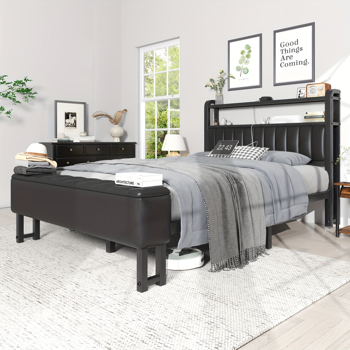 Metal Platform Bed with Storage Ottoman, Upholstered Headboard, Starry Sky Lighting Design, and Reinforced Bed Legs, Easy to Assemble