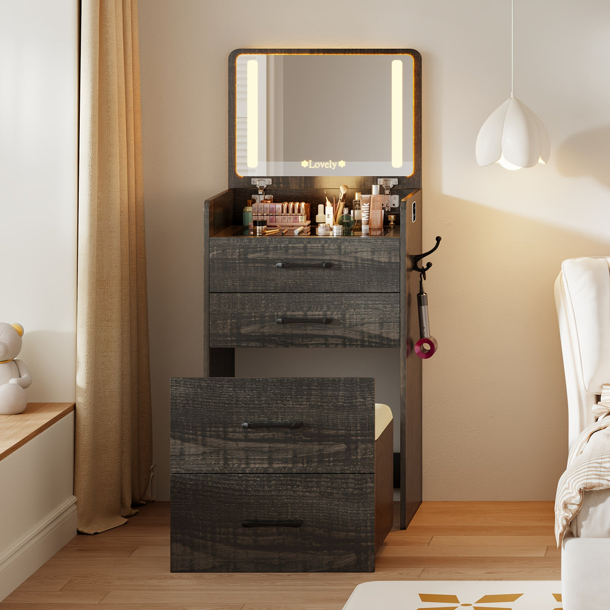 JDPAG 3-in-1 Vanity Features A Flip-top Mirror with Lighting And A Clear Glass Tabletop.