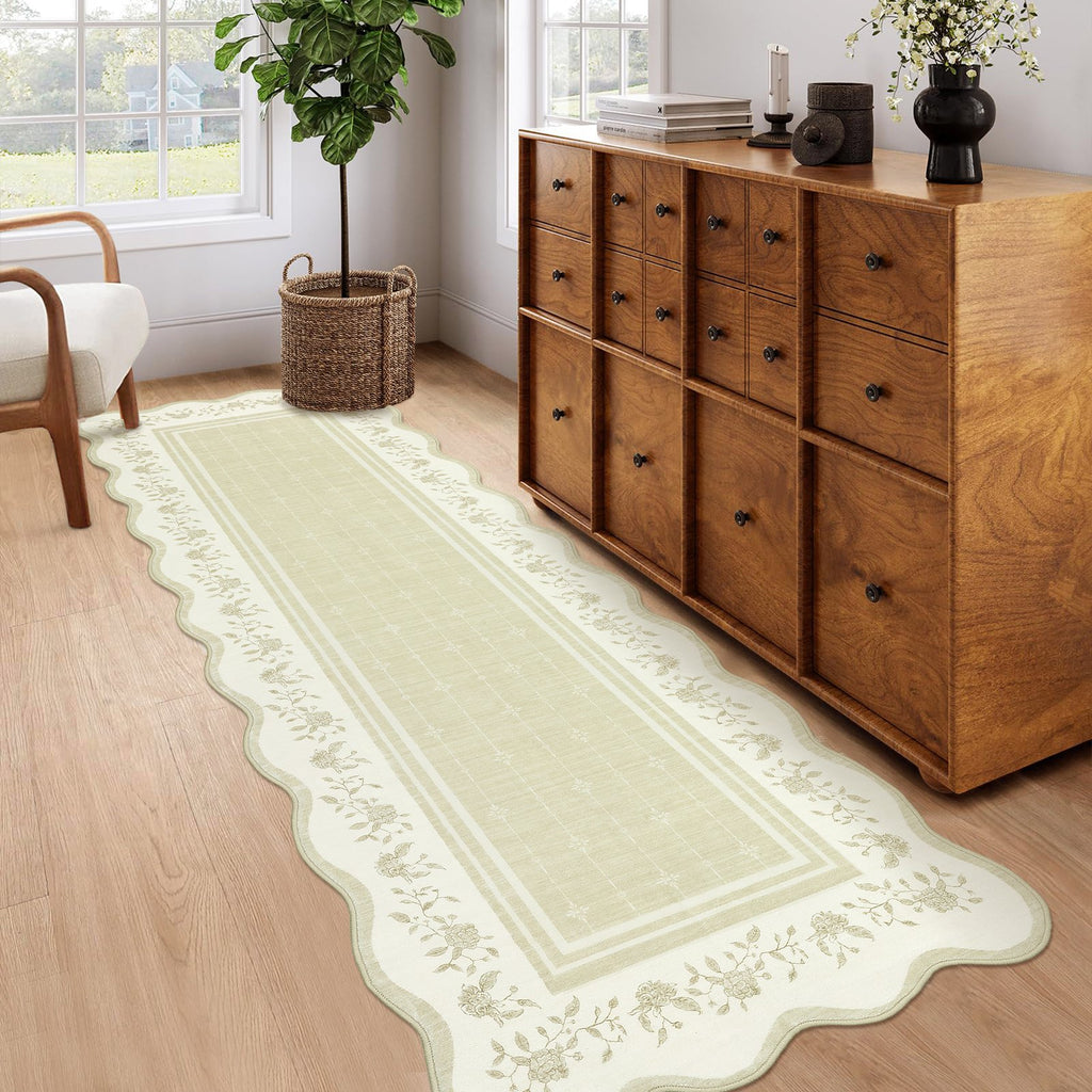 Minimalist Geometry Decor Area Rug, Washable Thin Non-Shedding Entrance Runner Rug, Modern Easy-To-Clean Printed Rug, Soft Low Pile Non-Slip Carpet with Border, Mat for Living Rooms, Bedrooms, Malls, Cafes, Yards, RV Camping, And Picnics, Beige