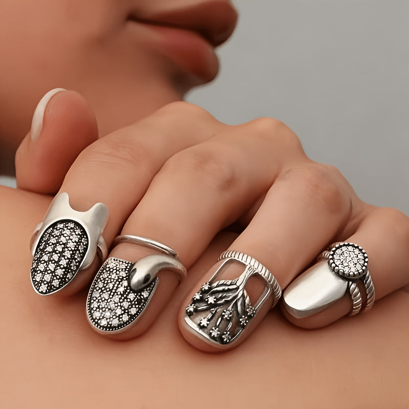 4pcs Set of Bohemian Vintage-style Nail Rings- Adjustable Opening, One Size Fits All, Suitable for Daily Wear, Parties, Valentine's Day Gifts, Year-round Elegant Manicures, Vintage-style Nail Decoration