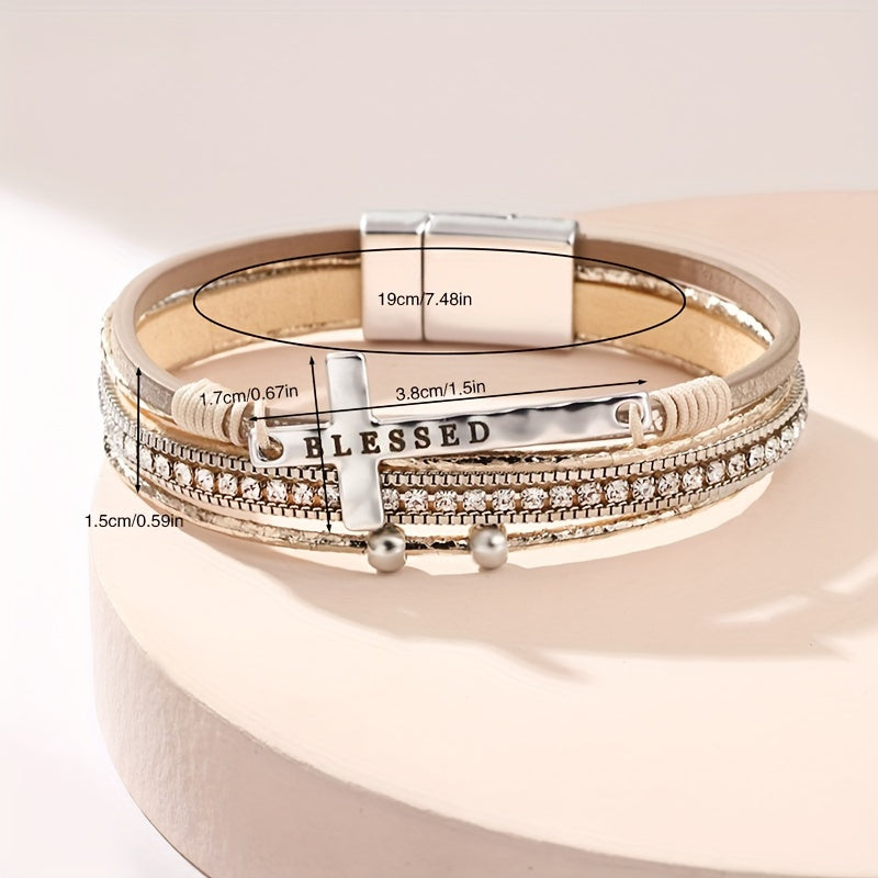 1pc Bohemian PU Cross Rhinestone Women's Bracelet