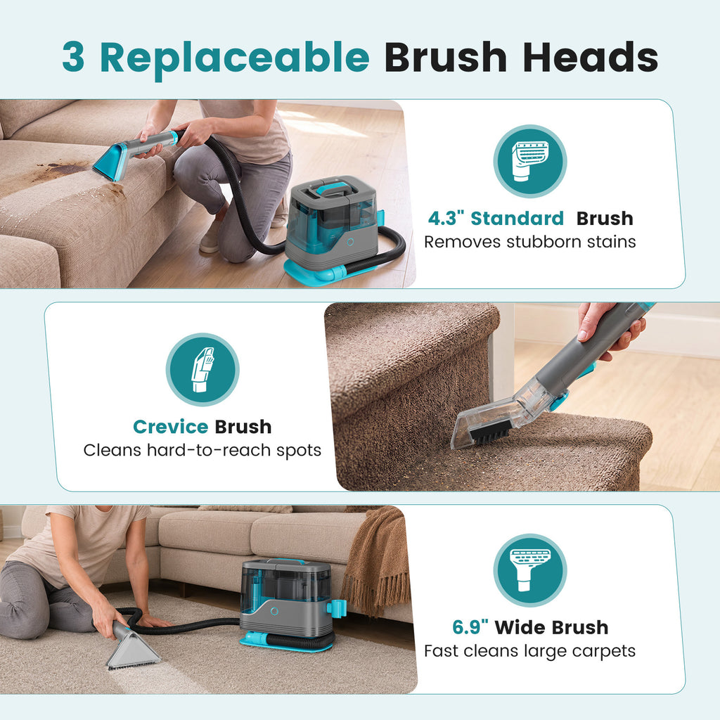 Portable Carpet Cleaner Machine, 14, 000Pa Powerful Suction Upholstery Spot Cleaner with 15.7FT Power Cord & 4FT Hose, Dual Water Tanks, Includes 2 Wide Brushes, Shoe Brush & Fabric Cleaning Solution for Pet Stains, Couch, Rugs