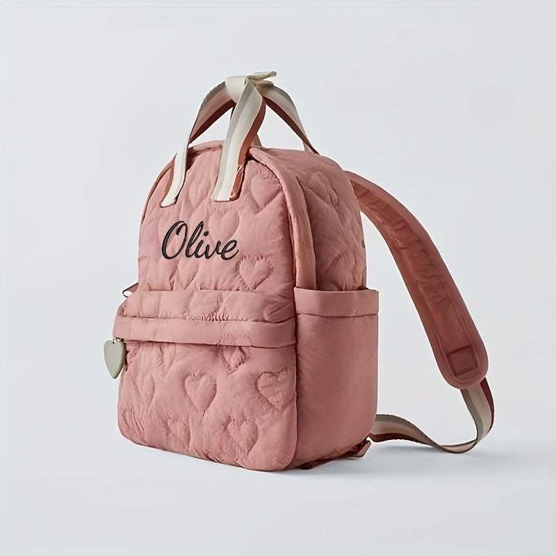 Embroidery Craft - Custom Quilted Heart Backpack, Casual Backpack, Exquisite Quilted Heart Pattern, Adorable, Soft, Comfortable, Exclusive Personal Logo, Charming, Suitable for School, Vacation, Travel, Parties, Etc., Perfect Holiday Gift! Christmas