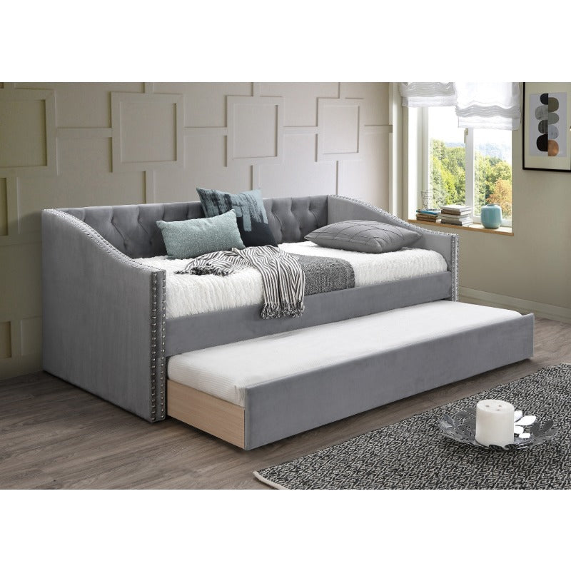 1pc Day Bed with Slat Trundle Button Tufted Nailhead Trim Gray End Bedroom Furniture. Easy to Assemble. Mattress Not Included