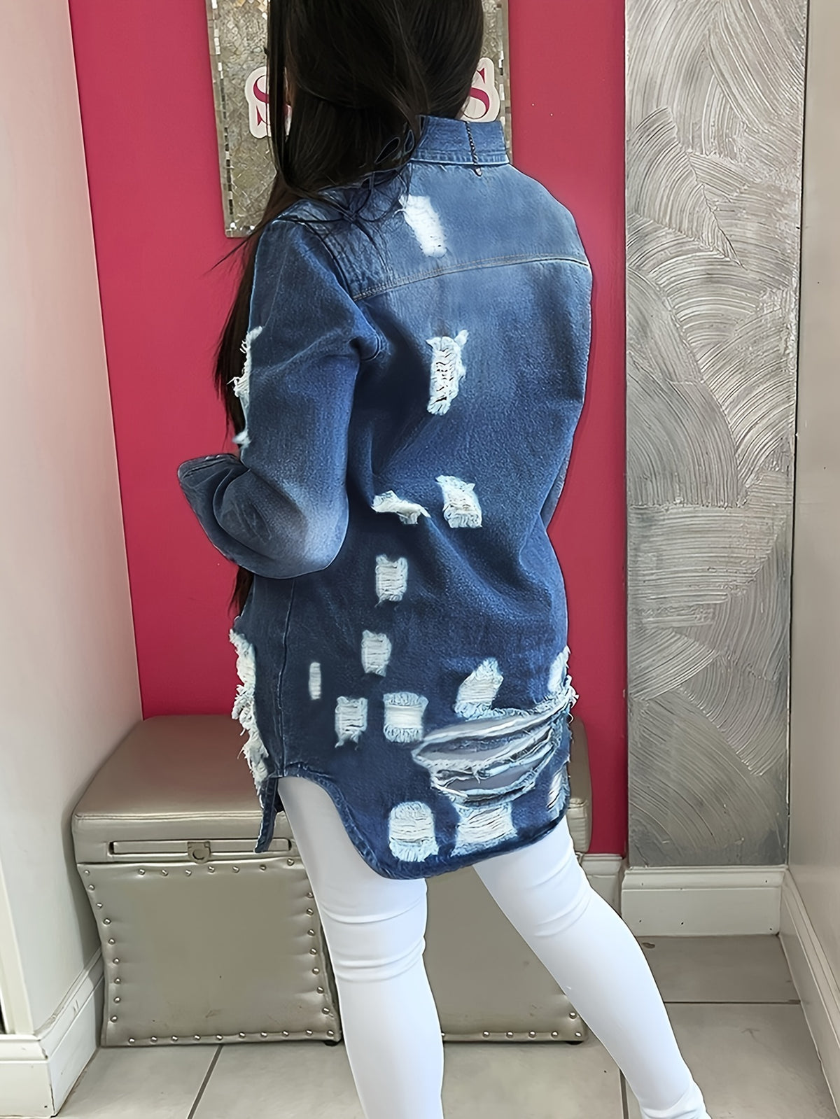 Women'S Denim Jacket, Distressed Ripped Button-Up Sexy Style, Casual Long Sleeve Jean Outerwear