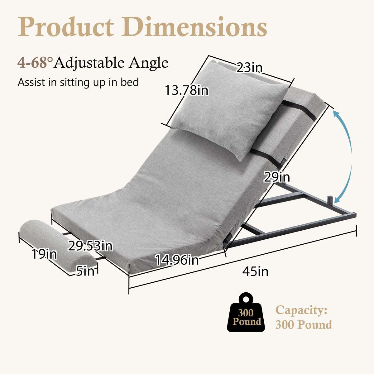 Adjustable Bed Backrest 4-68° Lift, 300 LBS Weight Capacity, Machine-washable Fabric, Suitable for Elderly, Pregnancy, Patients, Handicap Assistance - Fits Most Bed Frames