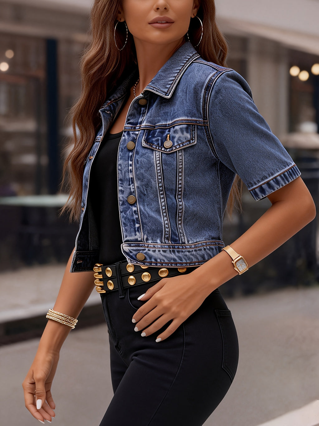 Women'S Denim Jacket, Deep Blue Regular Fit Short Length Washed Vintage Style Short Denim Jacket