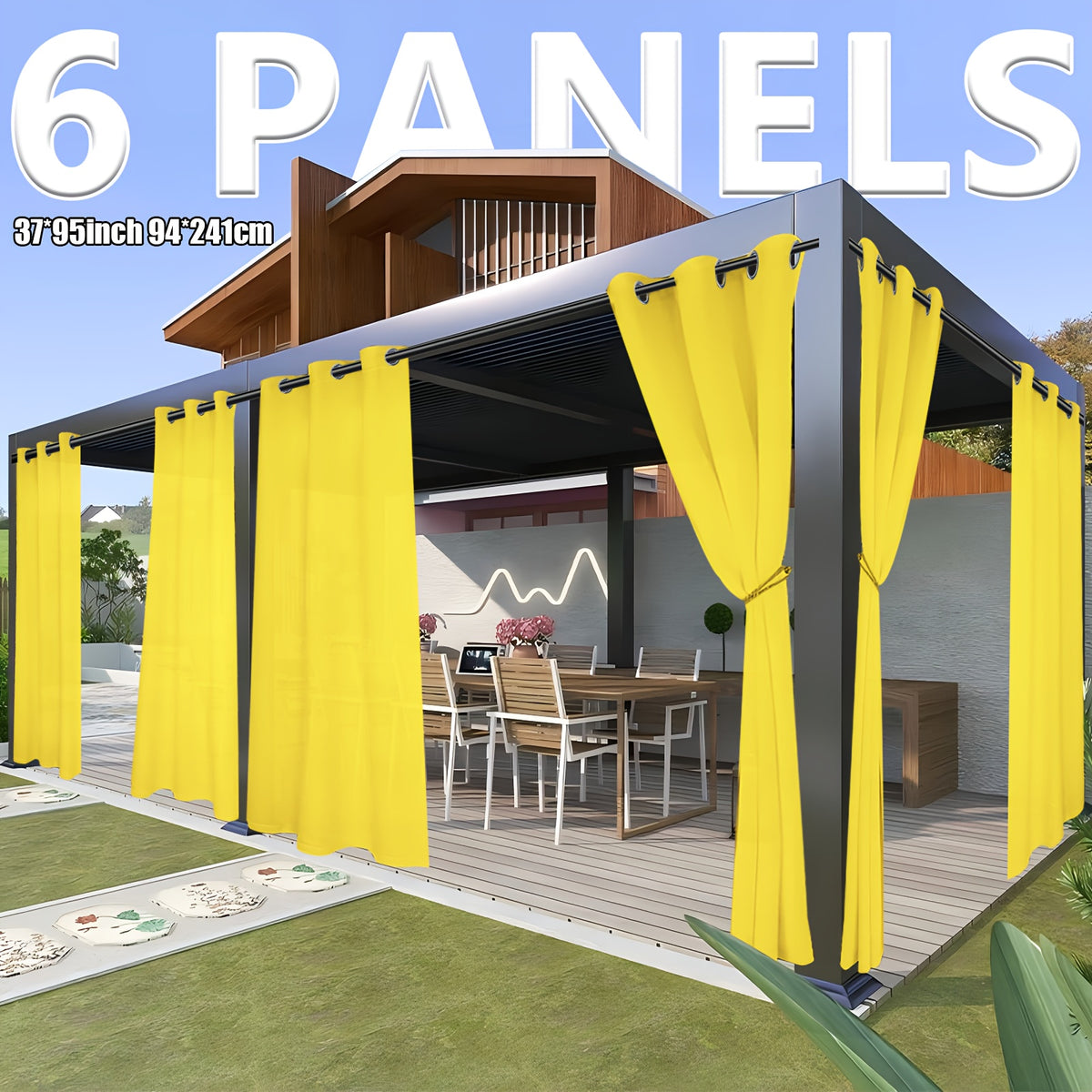 6pcs Modern Waterproof Outdoor Curtain Panels - Light Filtering Privacy Drapes with Grommet Top, Semi- Panels Suitable for Patio, Porch, Gazebo - - Machine Washable Soft Polyester/Nylon