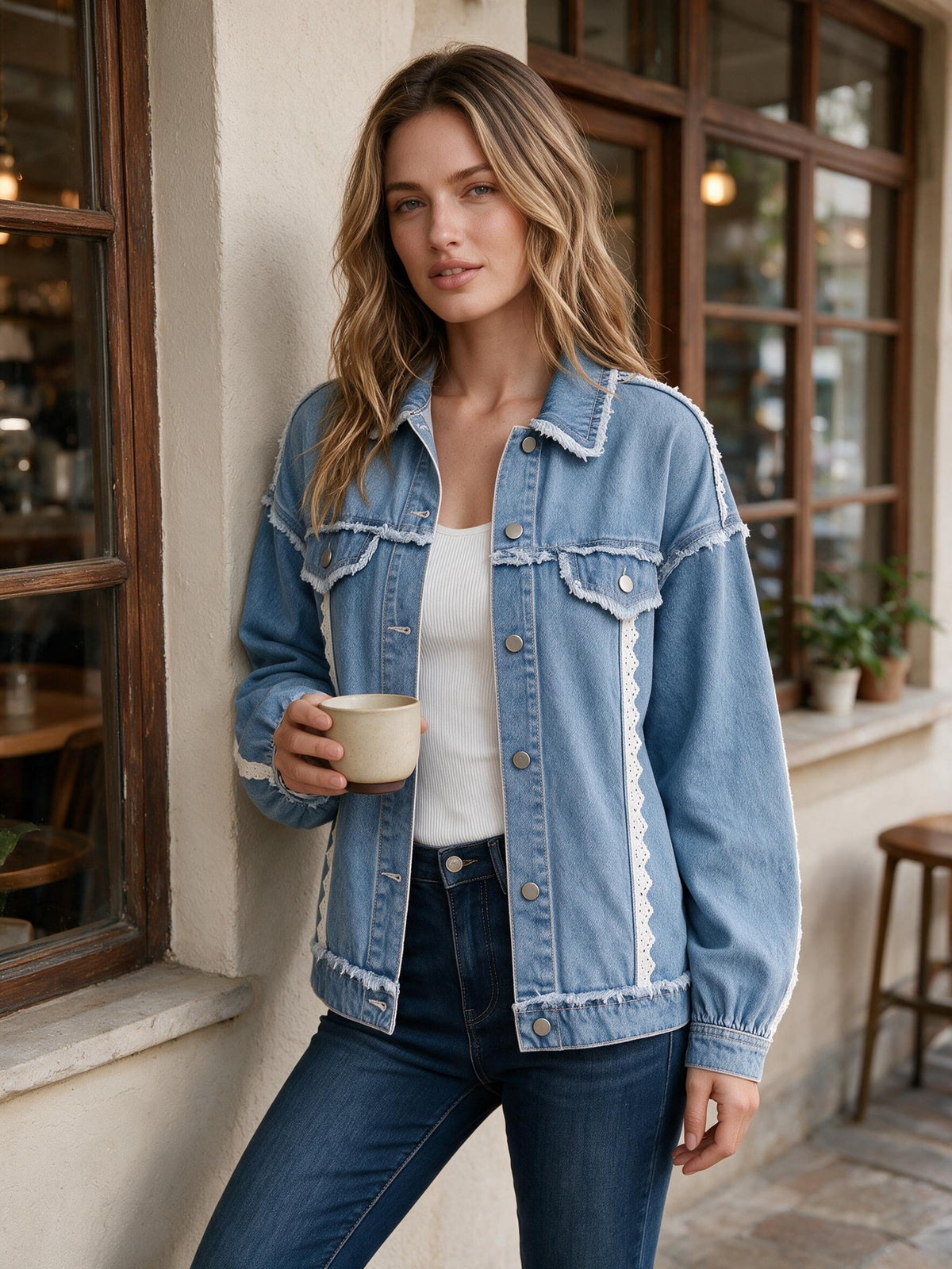 Women'S Loose Denim Jacket with Raw Edge Distressed Details And Lace Trim Splicing, Versatile Casual Style for Everyday Wear