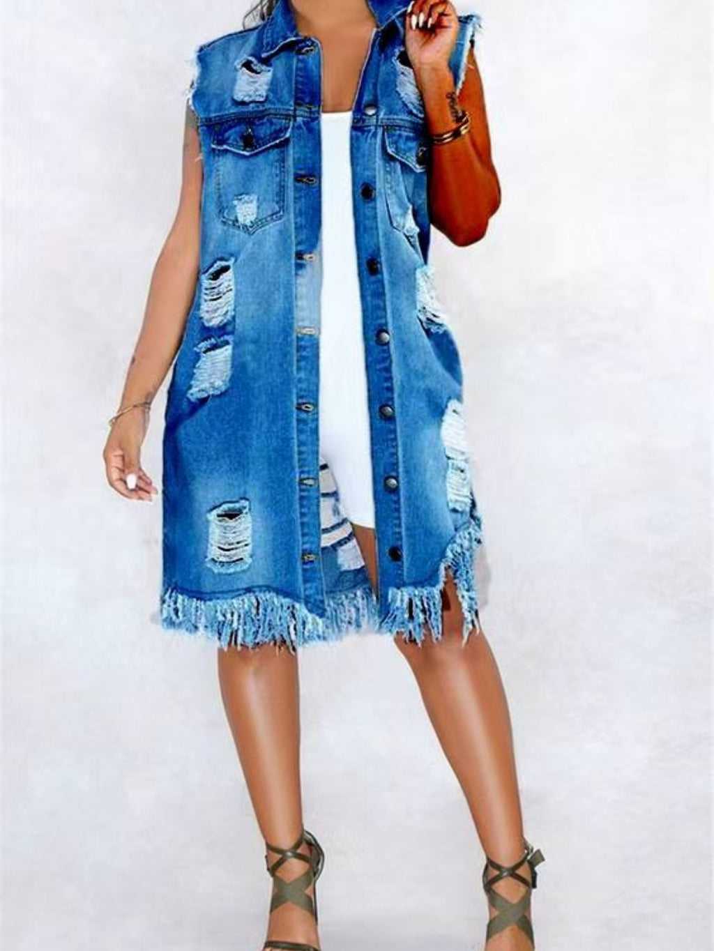 Women Vintage Denim Coat Sleeveless Button Distressed Short Jean Jacket Coat with Pocket Vintage Streetwear Denim Vest for Women