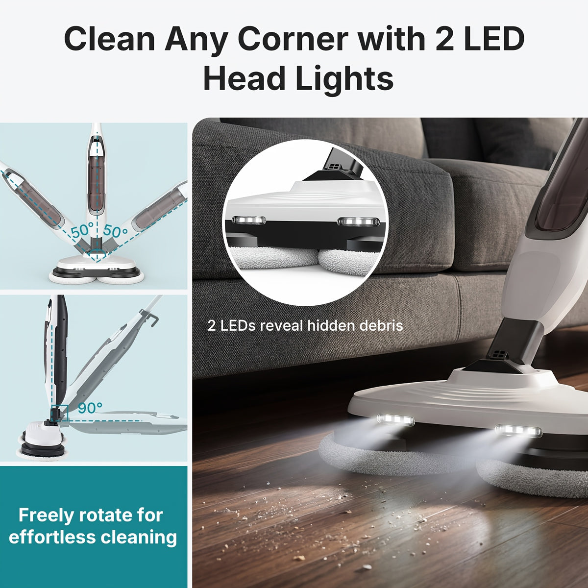 team Mop for Floor Cleaning, Dual Spin Rotating Pads Electric Floor Steamer with 2 LED Lights & 4 Modes, Heavy Duty Smart Steam Cleaner with 16.4FT Cord for Hardwood, Tile, Laminate, Grout