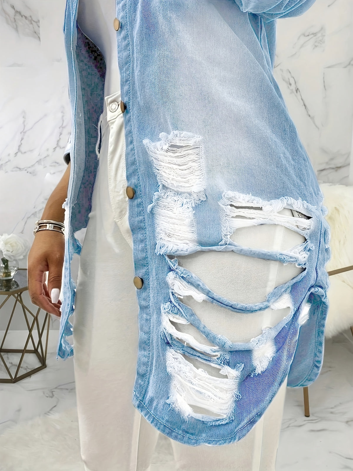 Women'S Denim Jacket, Distressed Ripped Button-Up Sexy Style, Casual Long Sleeve Jean Outerwear