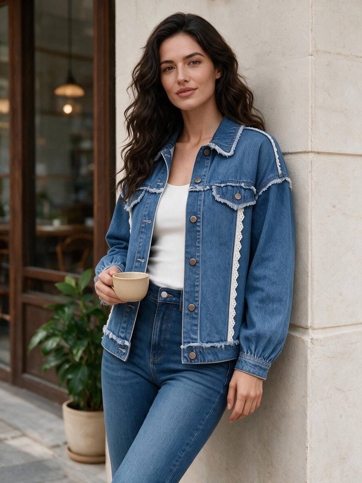 Women'S Loose Denim Jacket with Raw Edge Distressed Details And Lace Trim Splicing, Versatile Casual Style for Everyday Wear