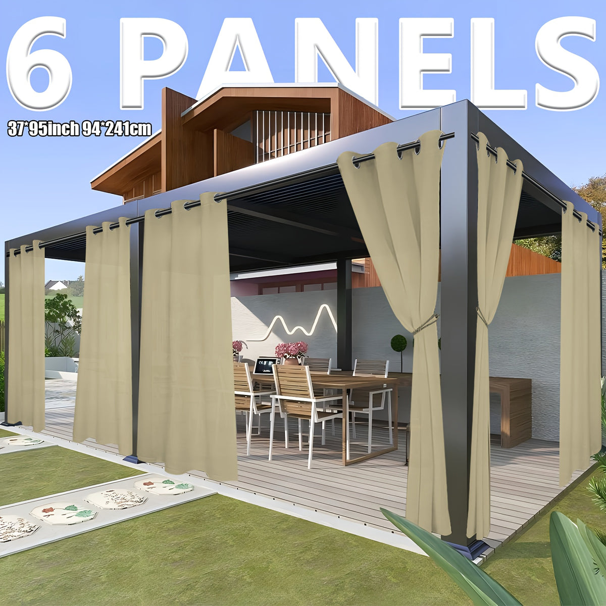 6pcs Modern Waterproof Outdoor Curtain Panels - Light Filtering Privacy Drapes with Grommet Top, Semi- Panels Suitable for Patio, Porch, Gazebo - - Machine Washable Soft Polyester/Nylon
