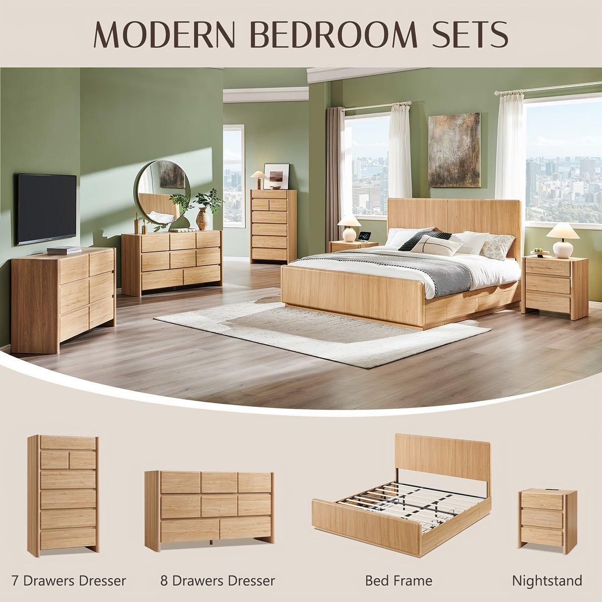Modern 8-Drawer Dresser Suitable for Bedroom & Living Room - 55" Wide Solid Frame MDF Chest of Drawers with Wood, Rounded Corners, Ample Storage, Assembly Required (Space-Saving for Narrow Rooms)